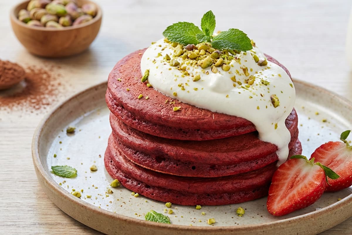 Red Velvet Pancakes with Whipped Cream and Pistachios