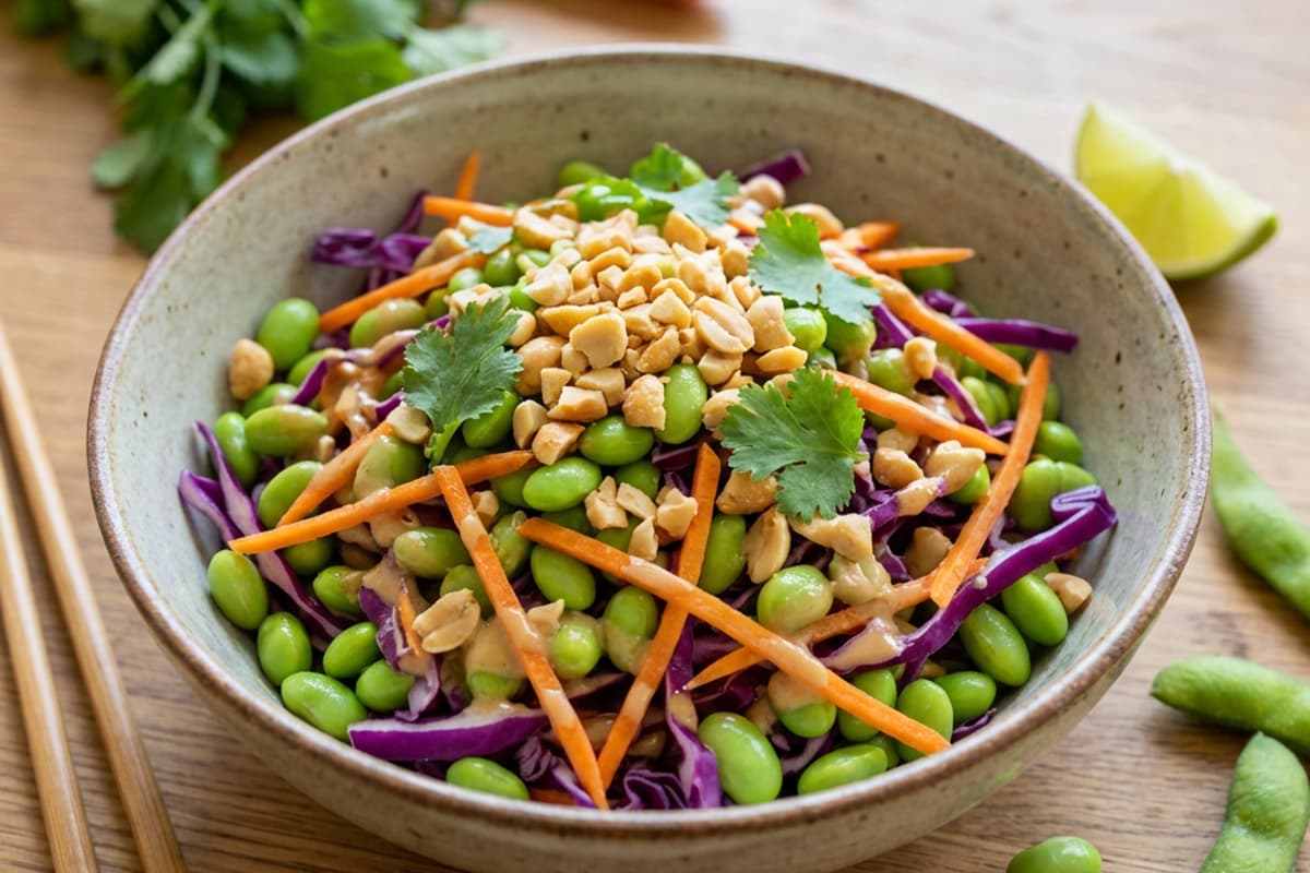 Salată cu edamame și dressing cu arahide și lime