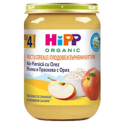 Hipp ECO Rice with fruit & cereals, peach, apple, from 4 months