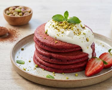 Red Velvet Pancakes with Whipped Cream and Pistachios