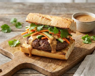 Asian Burger with Peanut Sauce and Marinated Vegetables