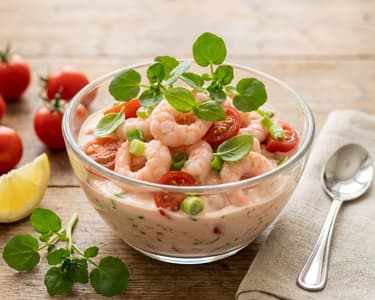 Shrimp cocktail with tomatoes and watercress
