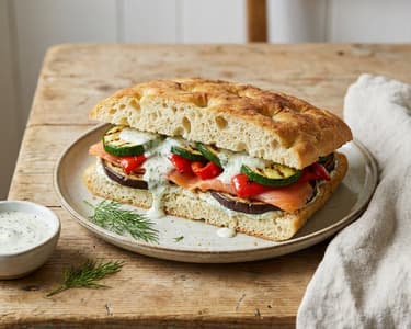 Focaccia with grilled vegetables, smoked salmon, and dill remoulade