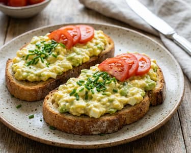 Pastă de ouă cu avocado și roșii pe toast