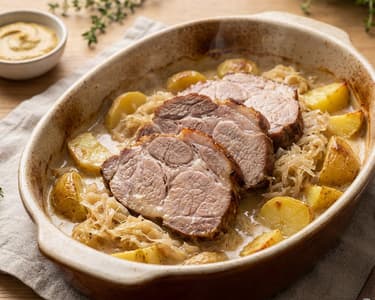 Pork Neck with Sauerkraut and Baked Potatoes