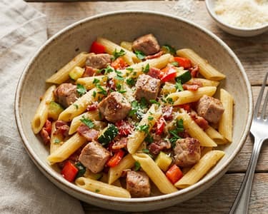 Penne with Pork and Vegetables in a Pan