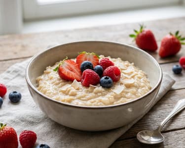 Orez fiert în lapte de cocos cu fructe proaspete