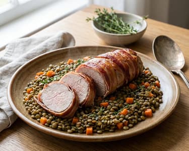 Mușchiuleț de porc cu pancetta și linte verde