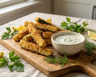 Dovlecei crocanți cu sos de smântână și ierburi aromatice