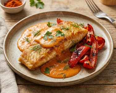 Carp with sour cream sauce and roasted peppers