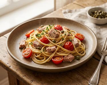 Spaghetti with tuna and cherry tomatoes