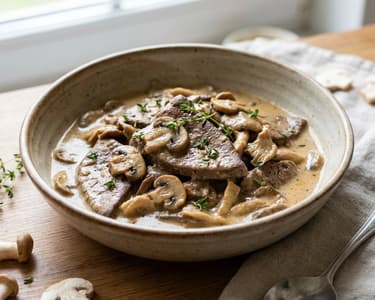 Pork liver with mushrooms and creamy sauce