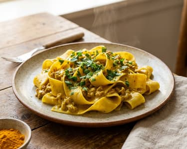 Pappardelle with minced meat and turmeric