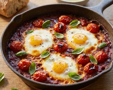 Baked Eggs in Cherry Tomato and Basil Sauce