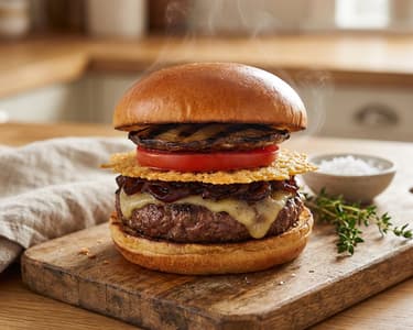 Delicious Burger with Caramelized Onion and Parmesan Crisp