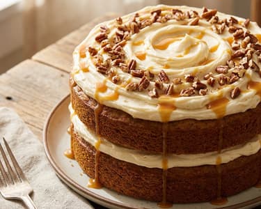 Pumpkin cake with cream cheese, pecan nuts and caramel