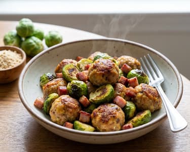 Oven-baked Meatballs with Brussels Sprouts and Bacon