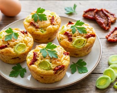 Muffins with eggs, sun-dried tomatoes, and leeks