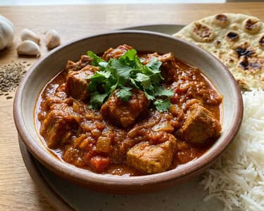 Spicy Pork Vindaloo with Basmati Rice and Naan
