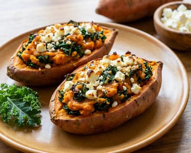 Baked Sweet Potatoes with Kale and Feta Cheese