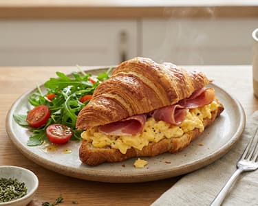 Croissant filled with creamy scrambled eggs and ham