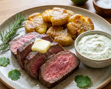 Steak de vită cu cartofi copți și maioneză cu coriandru