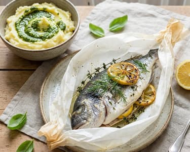 Doradă la cuptor în hârtie de copt cu piure de cartofi și pesto de busuioc