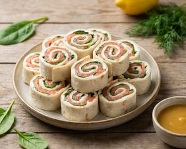 Lavash rolls with smoked salmon, cream cheese, and baby spinach