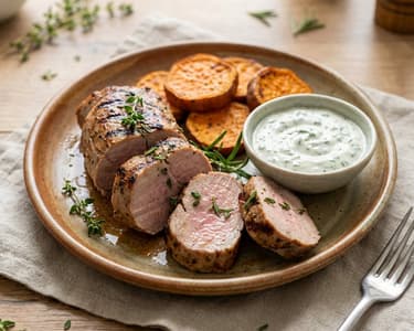 Grilled Pork Tenderloin with Sweet Potatoes and Sour Cream Sauce