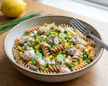 Pasta salad with tuna, corn, and peas