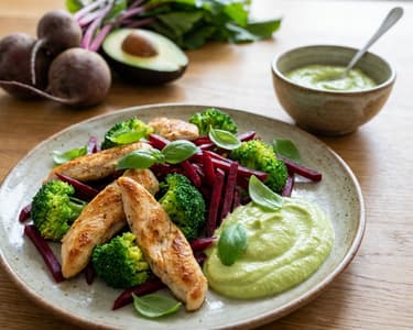 Chicken salad with avocado pesto and marinated beetroot