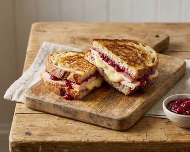 Sandviș cald cu curcan, brânză Camembert și merișoare