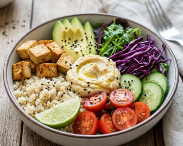 Buddha bowl with hummus and baked tofu