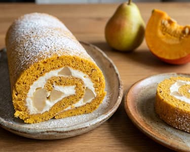 Pumpkin roll with light cream and pears