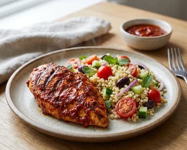 Chicken breast marinated in tomato sauce with bulgur and mint salad