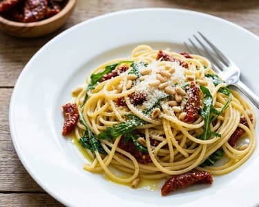Spaghetti with sun-dried tomatoes and arugula