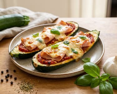 Baked Zucchini Stuffed with Turkey Ham and Mozzarella