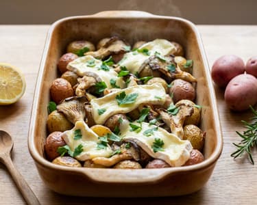 Potatoes with Lemon, Oyster Mushrooms, and Baked Camembert