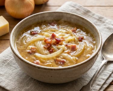 Onion soup with bacon and Edam cheese