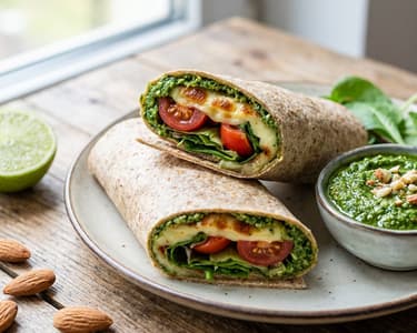 Wrap cu brânză la grătar, pesto de spanac și roșii