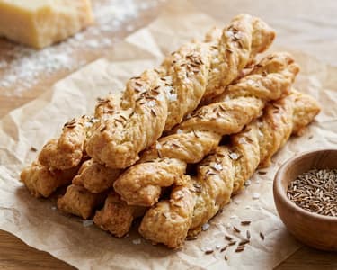 Cheese and Parmesan Sticks with Caraway and Coarse Salt