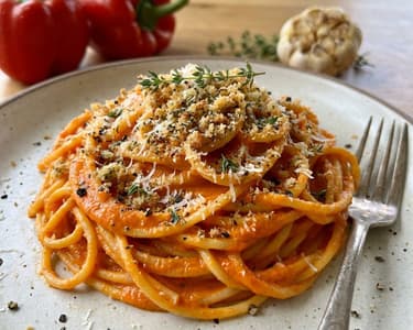 Spaghetti with roasted pepper sauce and aromatic breadcrumbs