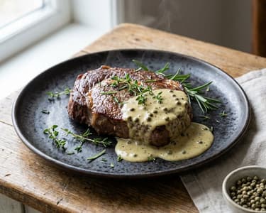 Sos de piper verde Kampot cu steak de vită