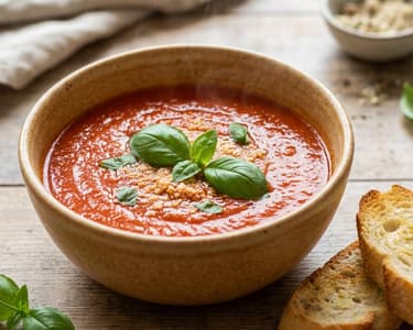 Tomato Soup with Basil and Crispy Baguette