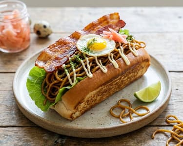 Asian-style Hot Dog with Noodles and Crispy Bacon