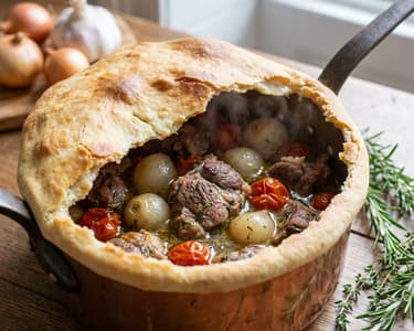 Lamb in a copper cauldron with a bread crust