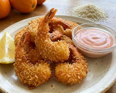 Shrimp in panko breadcrumbs with homemade cocktail sauce