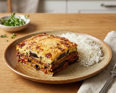 Eggplant and Zucchini Moussaka with Basmati Rice