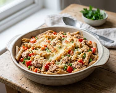 Baked whole wheat pasta with tuna and vegetables