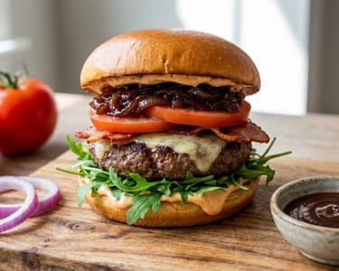 Grilled Burger with Caramelized Onions and Smoked Mayonnaise